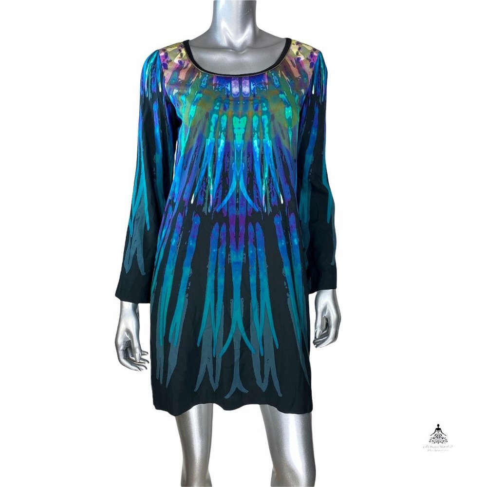Nicole Miller Black Blue Silk Blend Watercolor Abstract Shift Dress S